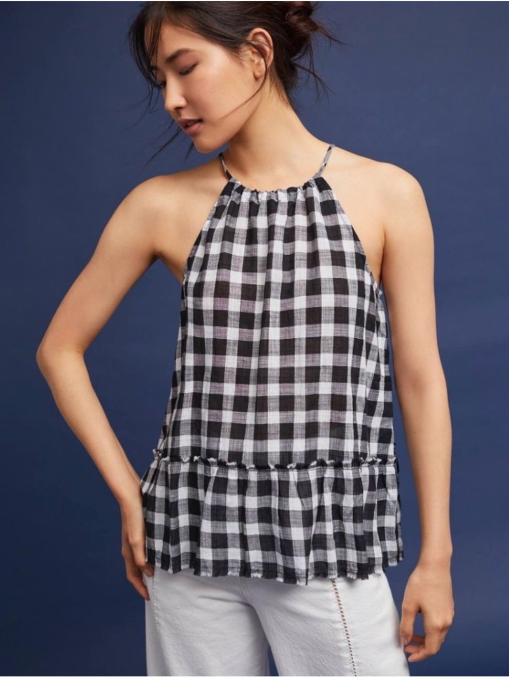 Anthropologie Cloth & Stone Black White Gingham Halter Tank Ruffle Hem XS